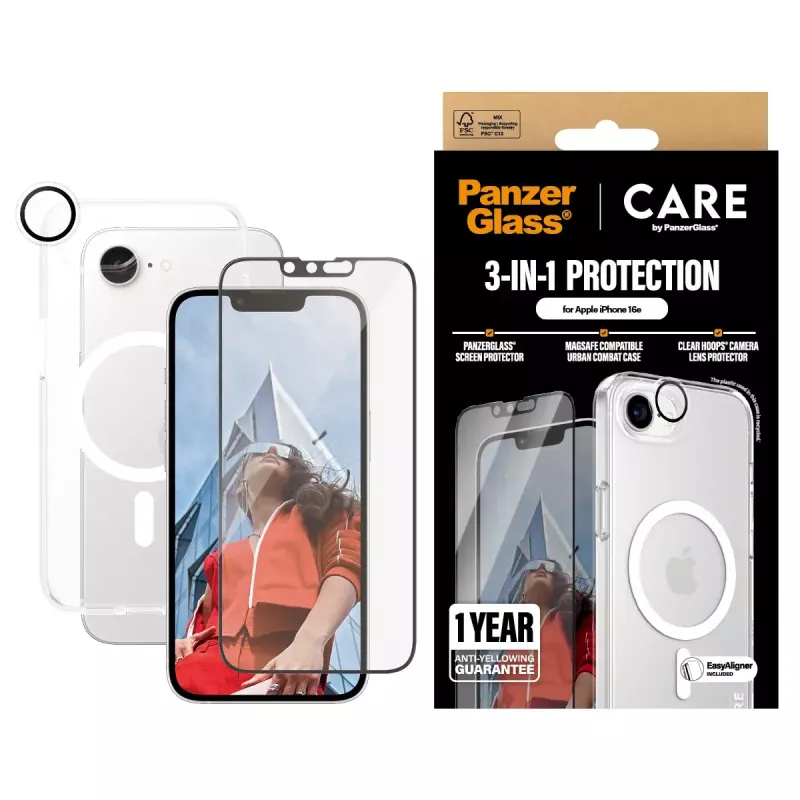 PanzerGlass CARE by ® Flagship 3-in-1 rinkinys iPhone 16e atsparus įbrėžimams ir smūgiams