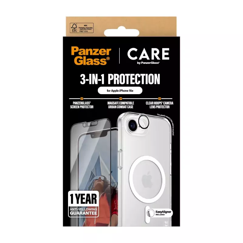 PanzerGlass CARE by ® Flagship 3-in-1 rinkinys iPhone 16e atsparus įbrėžimams ir smūgiams