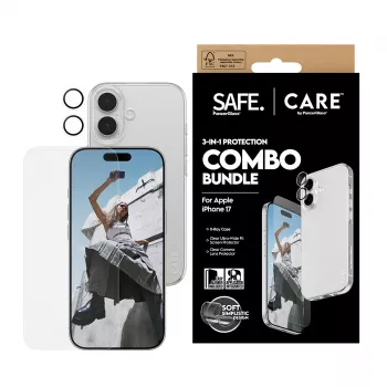 PanzerGlass 3-in-1 Combo rinkinys, skirtas iPhone 17 – ekrano apsauginis stiklas, kameros lęšio apsauga ir dėklas