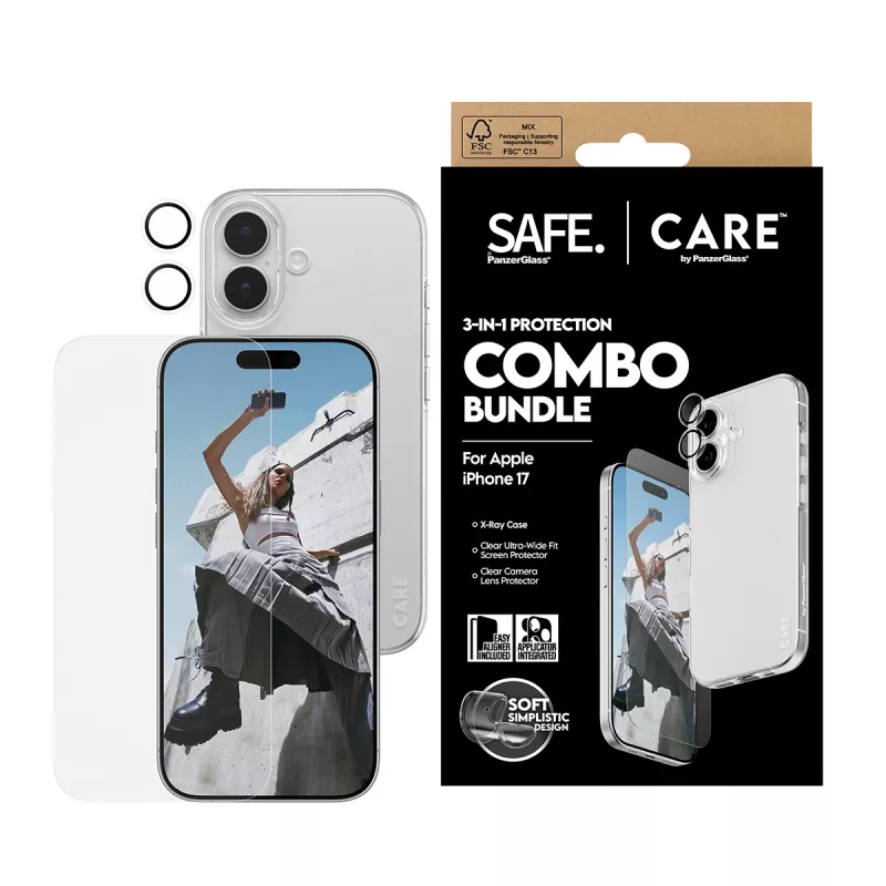 PanzerGlass 3-in-1 Combo rinkinys, skirtas iPhone 17 – ekrano apsauginis stiklas, kameros lęšio apsauga ir dėklas