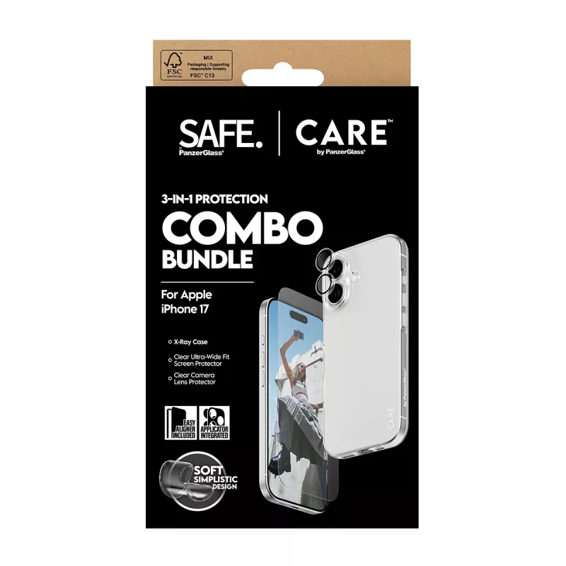 PanzerGlass 3-in-1 Combo rinkinys, skirtas iPhone 17 – ekrano apsauginis stiklas, kameros lęšio apsauga ir dėklas
