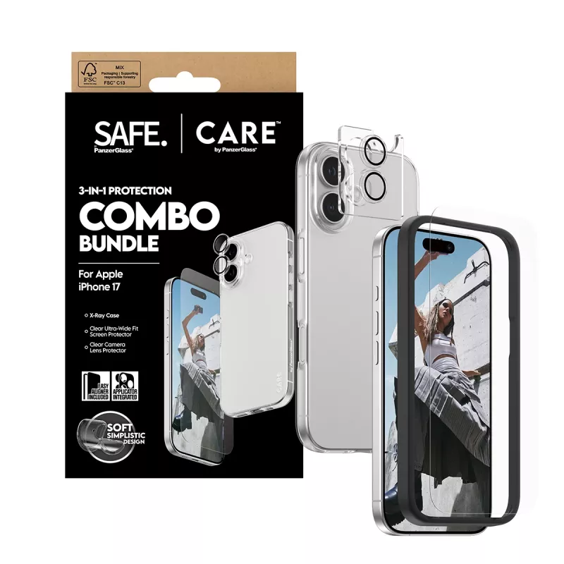 PanzerGlass 3-in-1 Combo rinkinys, skirtas iPhone 17 – ekrano apsauginis stiklas, kameros lęšio apsauga ir dėklas