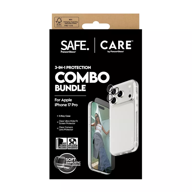 PanzerGlass 3-in-1 Combo Bundle iPhone 17 Pro CR40572 — apsauginis stiklas ekranui, fotoaparato dangtelis ir dėklas