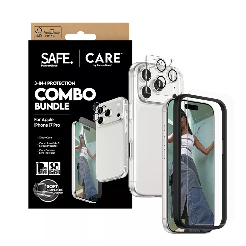 PanzerGlass 3-in-1 Combo Bundle iPhone 17 Pro CR40572 — apsauginis stiklas ekranui, fotoaparato dangtelis ir dėklas