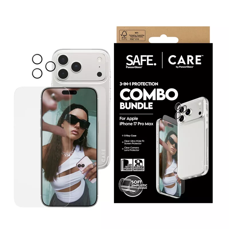 PanzerGlass 3 viename apsauginis komplektas iPhone 17 Pro Max: stiklas, dėklas ir kameros apsauga CR60725