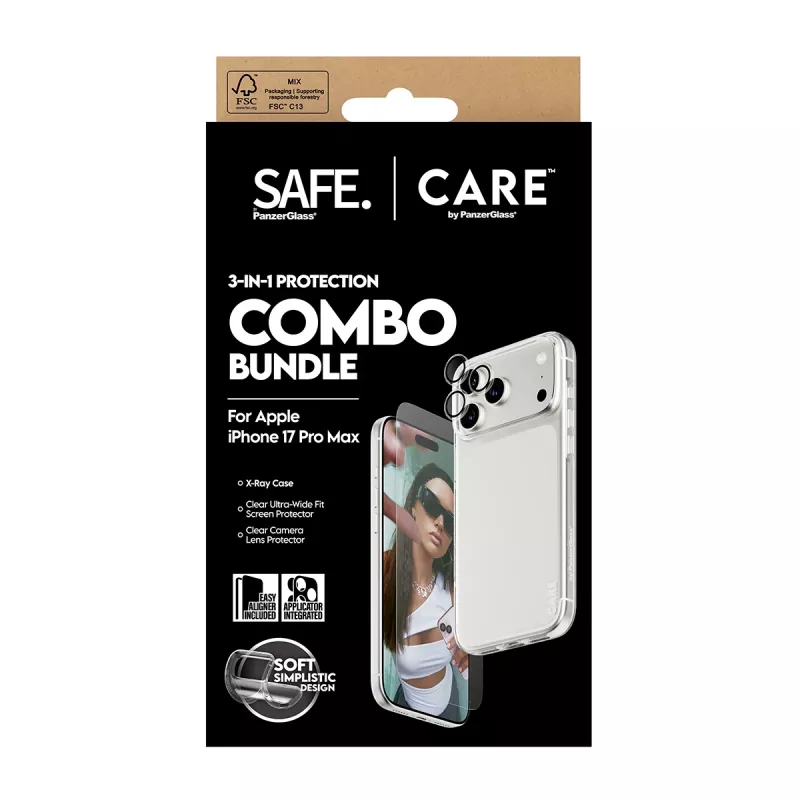 PanzerGlass 3 viename apsauginis komplektas iPhone 17 Pro Max: stiklas, dėklas ir kameros apsauga CR60725
