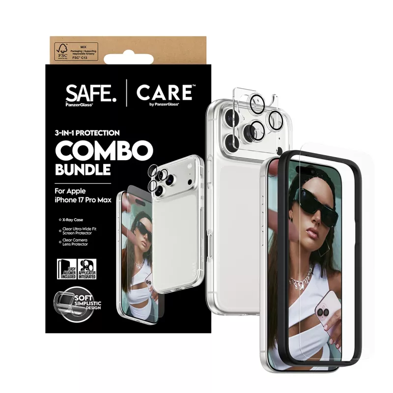 PanzerGlass 3 viename apsauginis komplektas iPhone 17 Pro Max: stiklas, dėklas ir kameros apsauga CR60725
