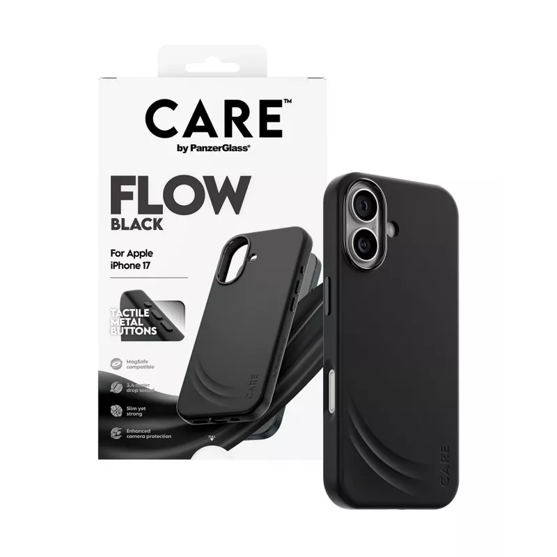Apsauginis dėklas PanzerGlass CARE Feature FLOW Case Black su MagSafe, skirtas iPhone 17