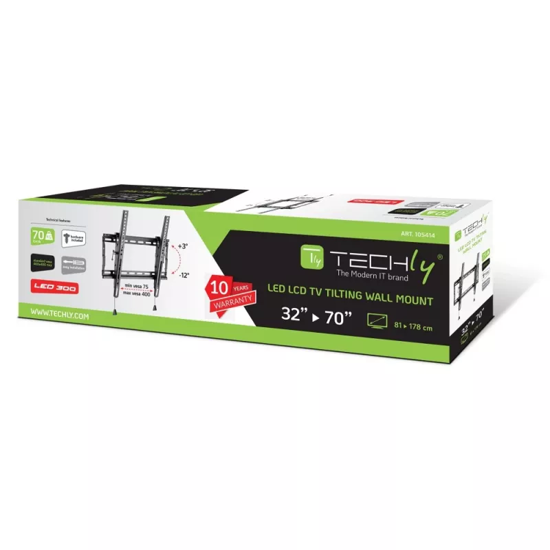 Techly ICA-PLB 59T sieninis televizoriaus laikiklis 32-70 colių (81-178 cm), pakreipiamas, 70 kg, plonas 49 mm, juodas