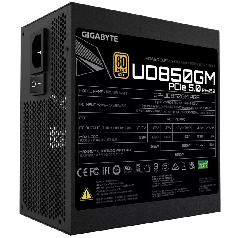 GIGABYTE UD850GM PG5 V2 maitinimo blokas – 850 W, 80 PLUS Gold, pilnai modulinis, 120 mm ventiliatorius, ATX 3.1, EU kištukas