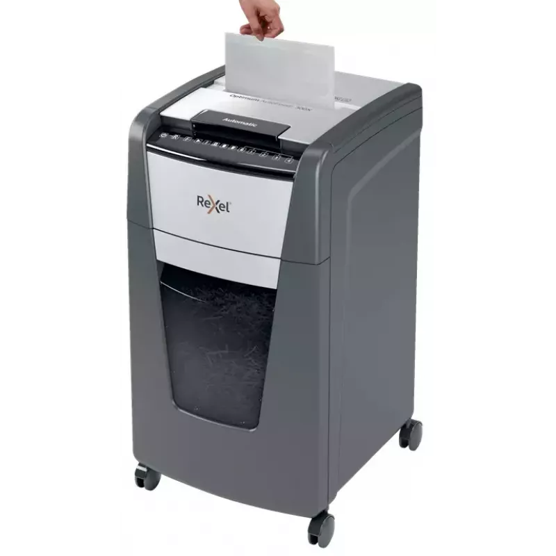 Rexel Optimum Auto+ 300M popieriaus smulkintuvas, mikro pjūvis, 55 dB, 23 cm, juoda, pilka