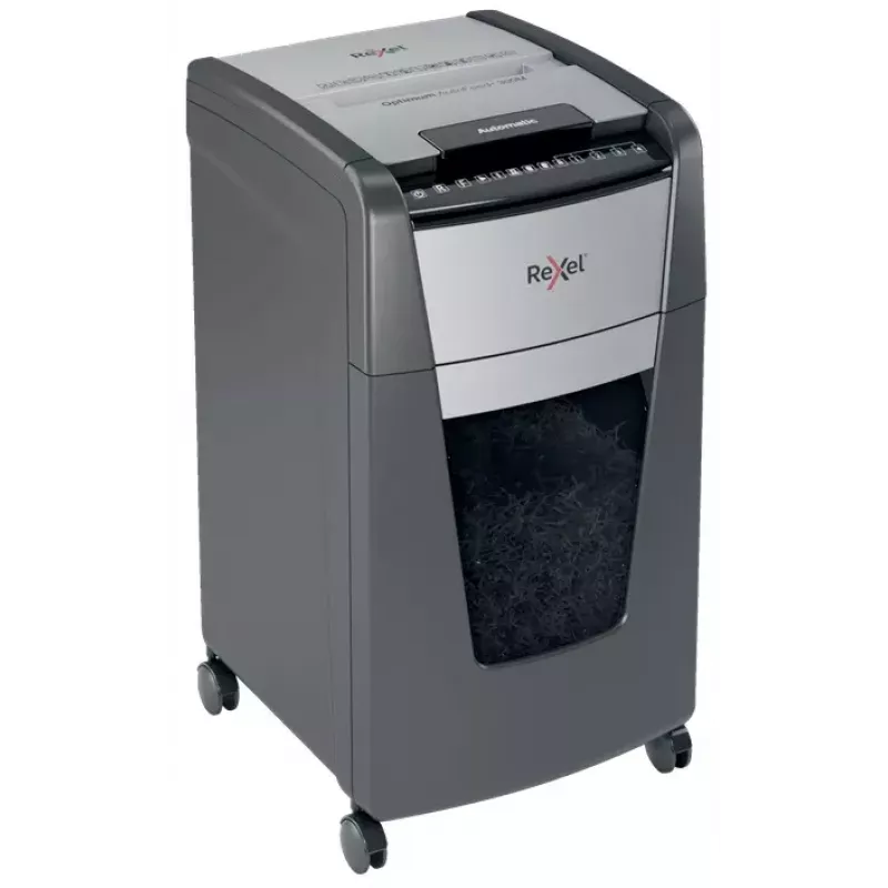 Rexel Optimum Auto+ 300M popieriaus smulkintuvas, mikro pjūvis, 55 dB, 23 cm, juoda, pilka