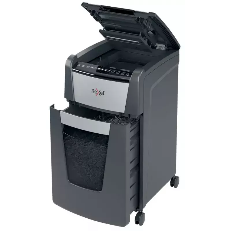Rexel Optimum Auto+ 300M popieriaus smulkintuvas, mikro pjūvis, 55 dB, 23 cm, juoda, pilka