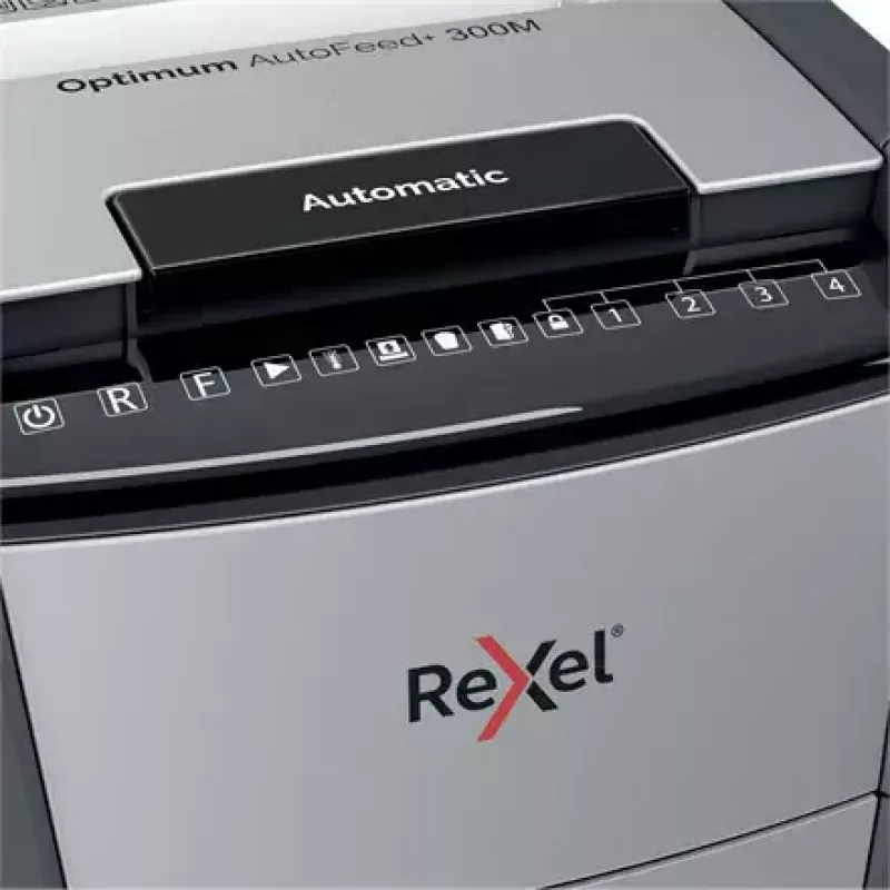Rexel Optimum Auto+ 300M popieriaus smulkintuvas, mikro pjūvis, 55 dB, 23 cm, juoda, pilka