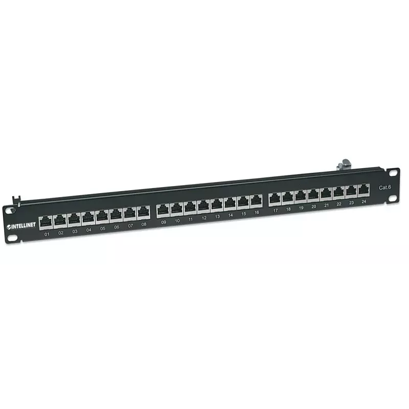 Intellinet Patch Panel Cat6 FTP 24 prievadai 1U ekranuotas 90° viršutinis Punch-Down blokas juodas