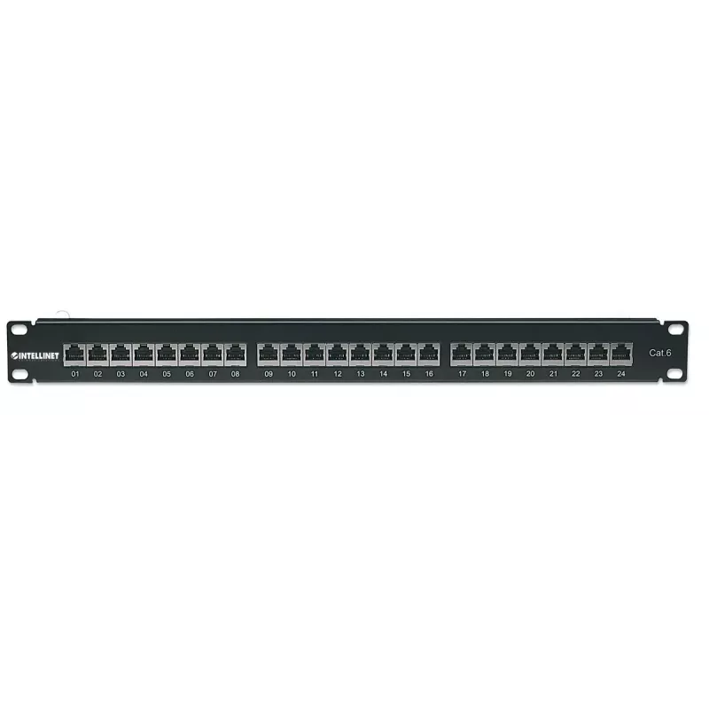Intellinet Patch Panel Cat6 FTP 24 prievadai 1U ekranuotas 90° viršutinis Punch-Down blokas juodas