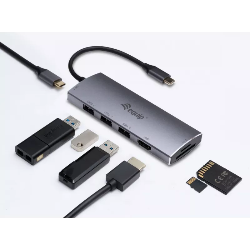 Equip USB-C 7 viename universalus adapteris, USB 3.2 Gen 1 (3.1 Gen 1) Type-C, 100 W, sidabrinis, MicroSD, SD, 4K Ultra HD, 30 Hz