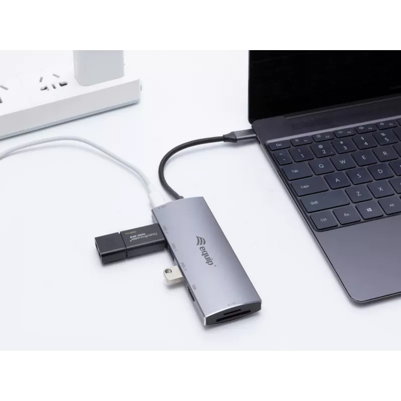 Equip USB-C 7 viename universalus adapteris, USB 3.2 Gen 1 (3.1 Gen 1) Type-C, 100 W, sidabrinis, MicroSD, SD, 4K Ultra HD, 30 Hz