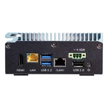 Shuttle Edge PC SPCEL02 – belaidis mini kompiuteris, Intel Celeron J6412, 1x HDMI, 2x 2.5G LAN, 1x COM, DIO (4 į, 4 iš), 3x USB, 2x M.2, 12-24V, 24/7 darbas, be ventiliatoriaus, su VESA ir DIN-RAIL laikikliais