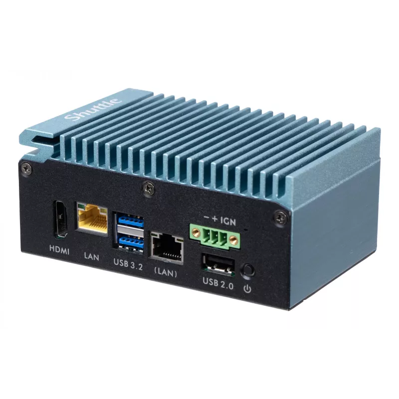 Shuttle Edge PC SPCEL02 – belaidis mini kompiuteris, Intel Celeron J6412, 1x HDMI, 2x 2.5G LAN, 1x COM, DIO (4 į, 4 iš), 3x USB, 2x M.2, 12-24V, 24/7 darbas, be ventiliatoriaus, su VESA ir DIN-RAIL laikikliais