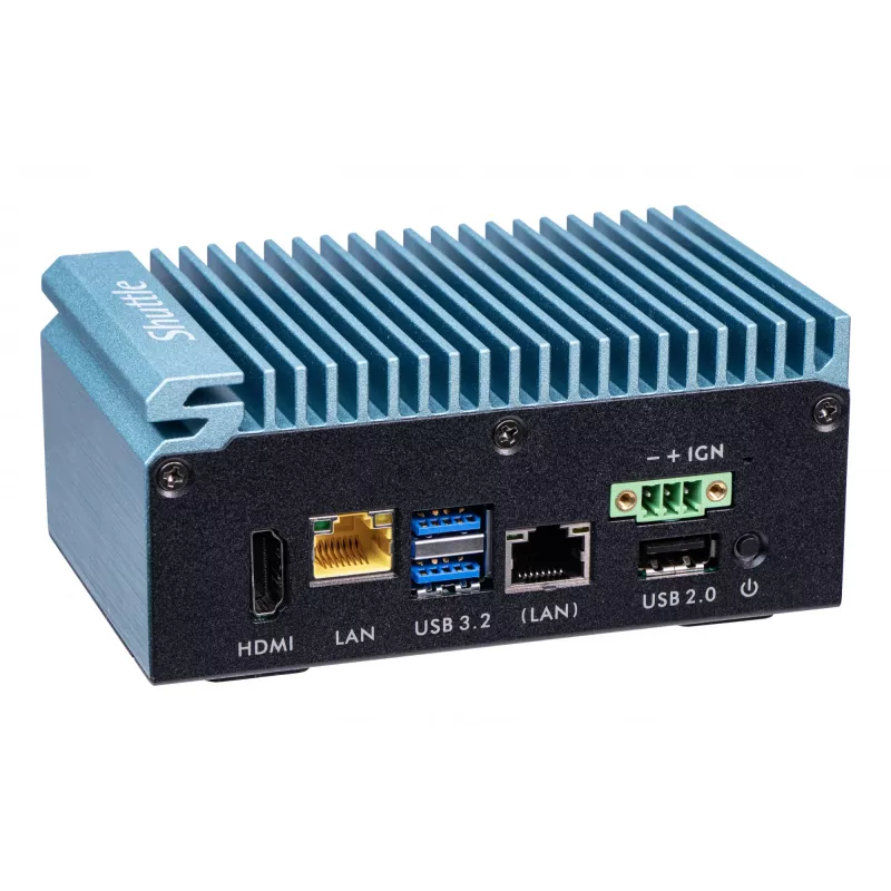 Shuttle Edge PC SPCEL02 – belaidis mini kompiuteris, Intel Celeron J6412, 1x HDMI, 2x 2.5G LAN, 1x COM, DIO (4 į, 4 iš), 3x USB, 2x M.2, 12-24V, 24/7 darbas, be ventiliatoriaus, su VESA ir DIN-RAIL laikikliais