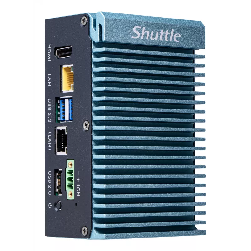 Shuttle Edge PC SPCEL02 – belaidis mini kompiuteris, Intel Celeron J6412, 1x HDMI, 2x 2.5G LAN, 1x COM, DIO (4 į, 4 iš), 3x USB, 2x M.2, 12-24V, 24/7 darbas, be ventiliatoriaus, su VESA ir DIN-RAIL laikikliais