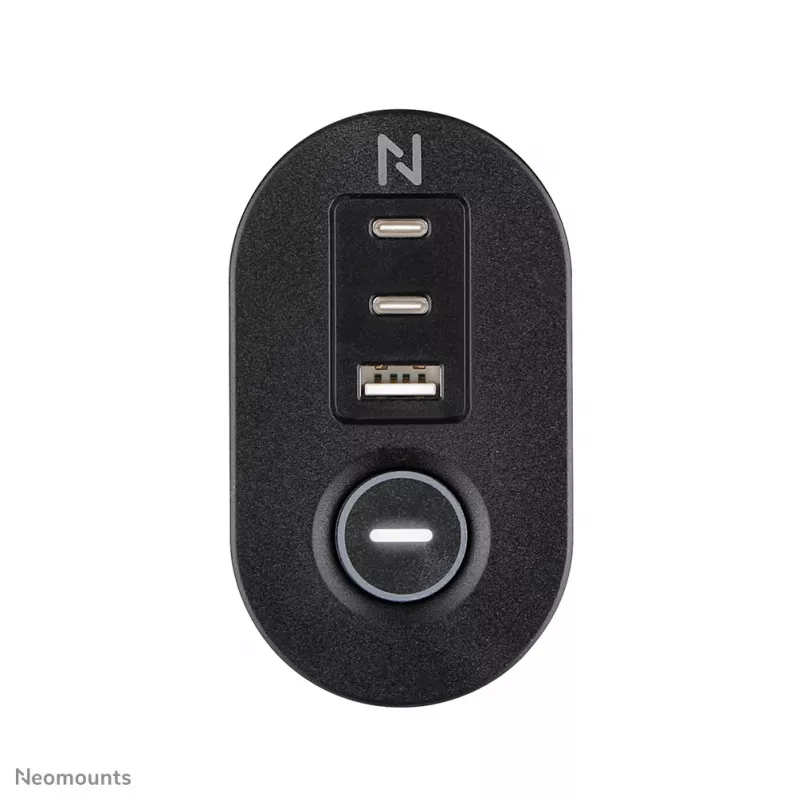 Neomounts DS22-840BL6 stalinis kištukinis lizdas su spaustuku ir USB-C bei USB-A prievadais – greitas įkrovimas