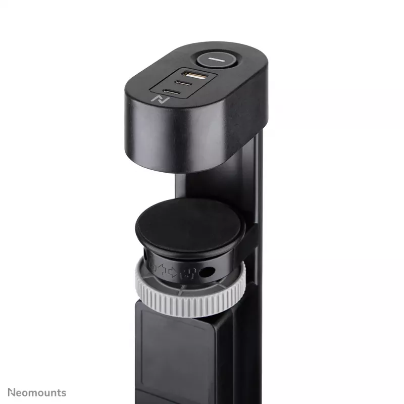 Neomounts DS22-840BL6 stalinis kištukinis lizdas su spaustuku ir USB-C bei USB-A prievadais – greitas įkrovimas