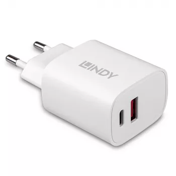 Lindy 73413 USB-A ir USB-C įkroviklis, 20 W, Power Delivery, 100–240 V, baltas