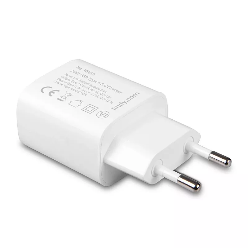 Vidinis įkroviklis Lindy 73413 – universalus 100–240 V, išėjimas 12 V 3 A, USB-A + USB-C, baltas
