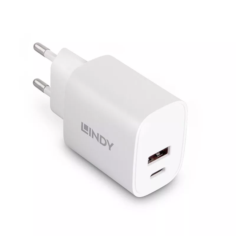Vidinis įkroviklis Lindy 73413 – universalus 100–240 V, išėjimas 12 V 3 A, USB-A + USB-C, baltas