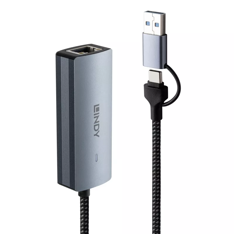 Lindy USB 3.2 Gen 1 į 5G Ethernet keitiklis, USB 3.2 Gen 2 (3.1 Gen 2) Type-C, 5000 Mbit/s, pilka, aliuminis, plastikas, apvalus kabelis, 0,15 m