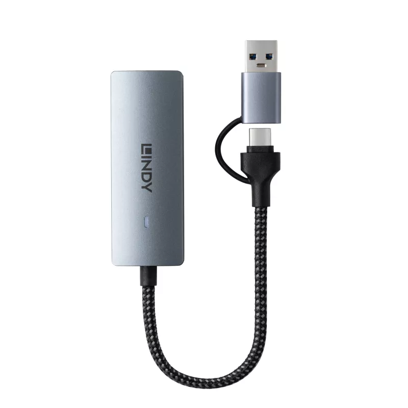 Lindy USB 3.2 Gen 1 į 5G Ethernet keitiklis, USB 3.2 Gen 2 (3.1 Gen 2) Type-C, 5000 Mbit/s, pilka, aliuminis, plastikas, apvalus kabelis, 0,15 m