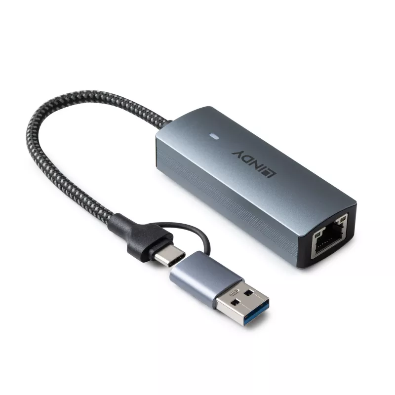 Lindy USB 3.2 Gen 1 į 5G Ethernet keitiklis, USB 3.2 Gen 2 (3.1 Gen 2) Type-C, 5000 Mbit/s, pilka, aliuminis, plastikas, apvalus kabelis, 0,15 m