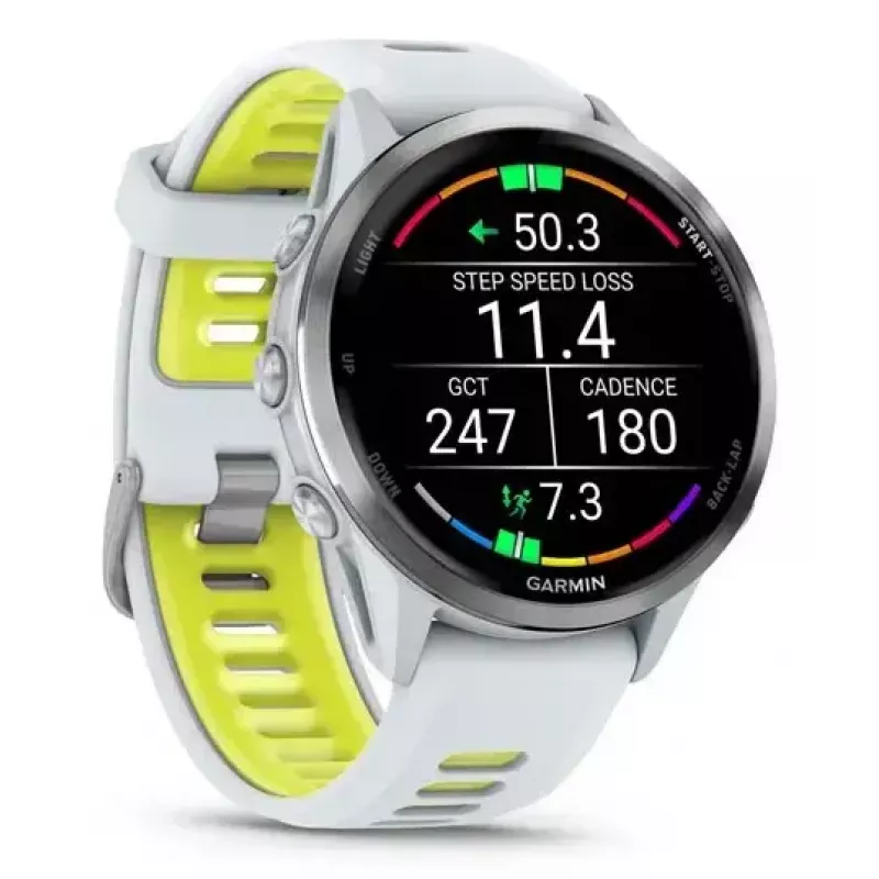 Išmanusis laikrodis Garmin Forerunner 970 – 1,4 colio (3,56 cm) AMOLED 454×454, GPS, Wi‑Fi, titano korpusas, silikoninis dirželis (balta/geltona), 56 g