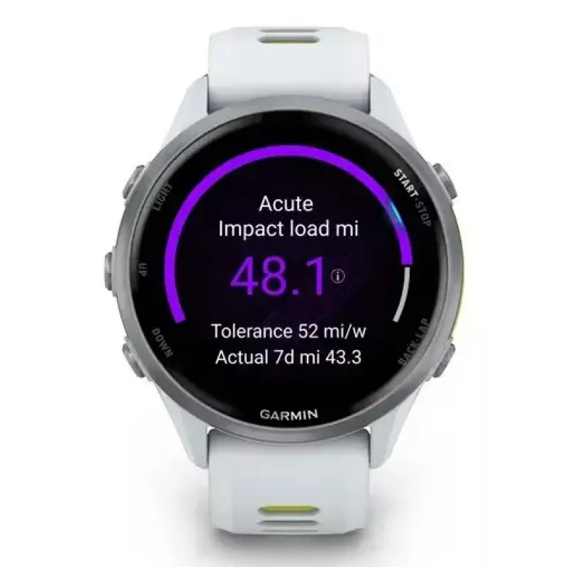 Išmanusis laikrodis Garmin Forerunner 970 – 1,4 colio (3,56 cm) AMOLED 454×454, GPS, Wi‑Fi, titano korpusas, silikoninis dirželis (balta/geltona), 56 g