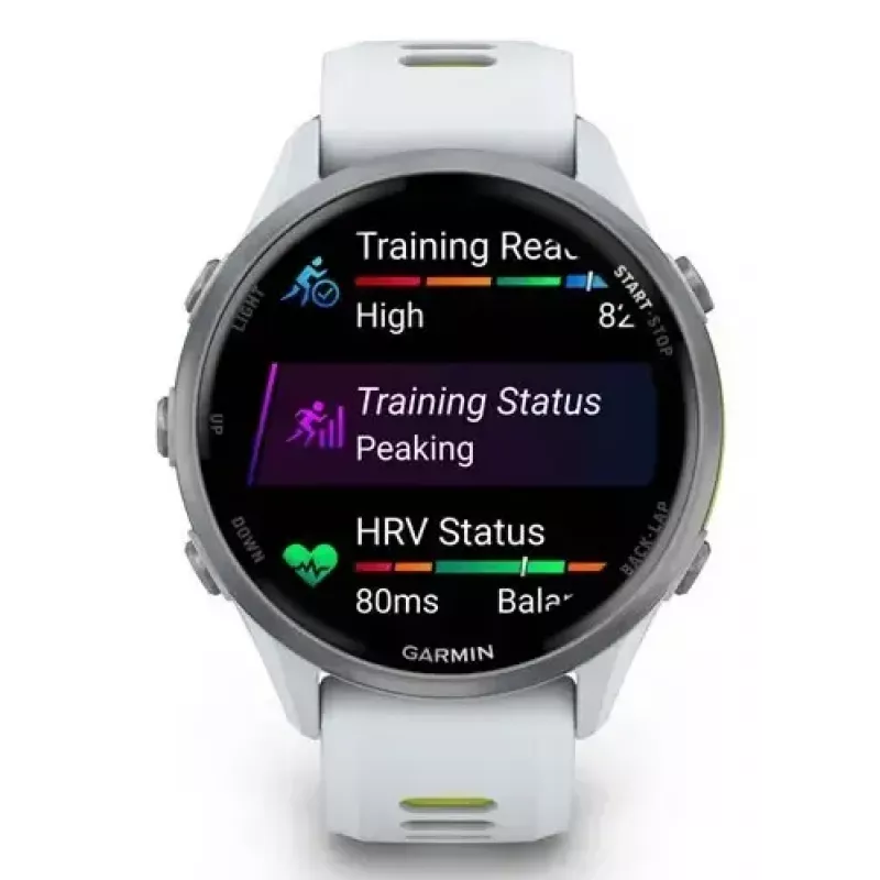 Išmanusis laikrodis Garmin Forerunner 970 – 1,4 colio (3,56 cm) AMOLED 454×454, GPS, Wi‑Fi, titano korpusas, silikoninis dirželis (balta/geltona), 56 g
