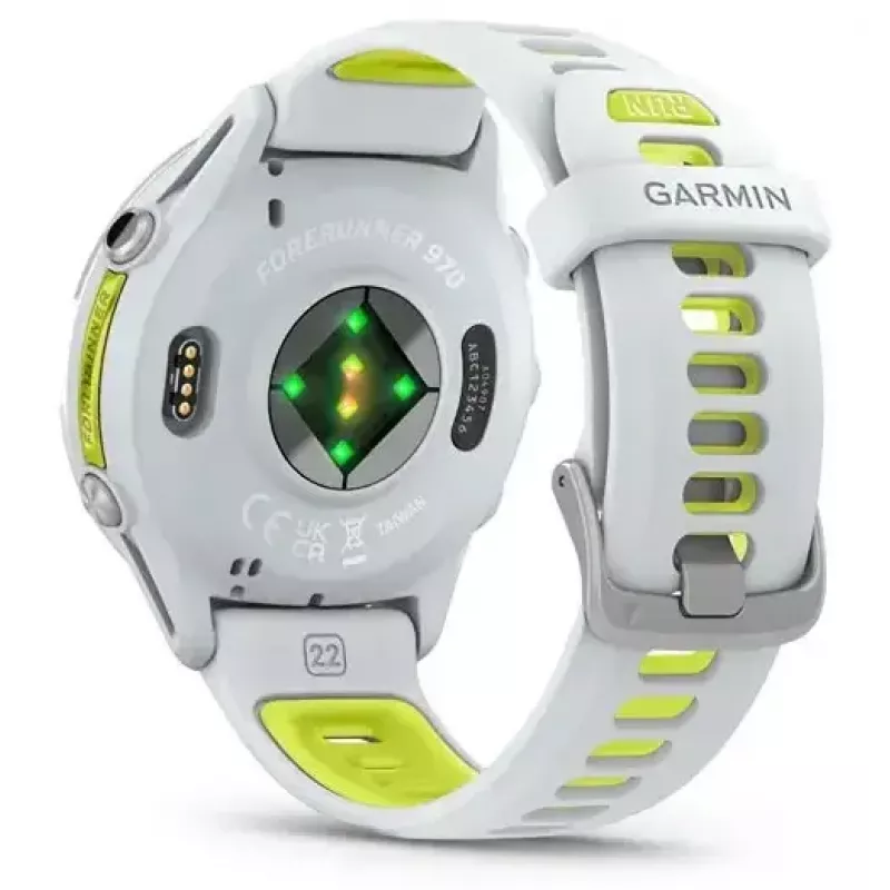 Išmanusis laikrodis Garmin Forerunner 970 – 1,4 colio (3,56 cm) AMOLED 454×454, GPS, Wi‑Fi, titano korpusas, silikoninis dirželis (balta/geltona), 56 g