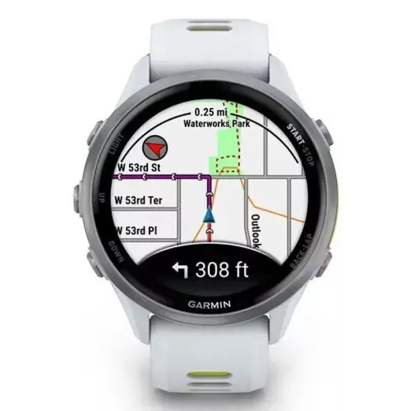 Išmanusis laikrodis Garmin Forerunner 970 – 1,4 colio (3,56 cm) AMOLED 454×454, GPS, Wi‑Fi, titano korpusas, silikoninis dirželis (balta/geltona), 56 g