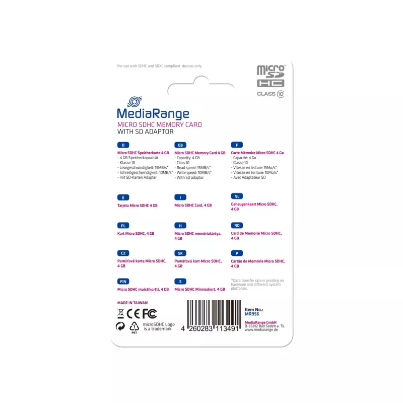 Atminties kortelė MediaRange 4GB MicroSDHC Class 10 MR956