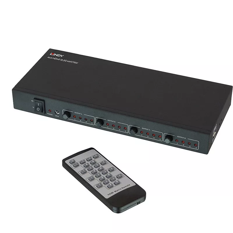 Lindy 4x4 HDMI 4K60 Matrica, HDMI, 4x HDMI, Metalinis korpusas, 1080p, 2160p, DTS-HD, Dolby TrueHD, 12 V