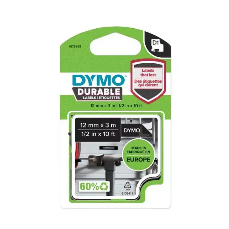 DYMO Authentic D1 D1 Durable Etiketės juosta | Baltas tekstas ant juodo pagrindo | 12 mm x 3 m | Etikečių juosta LabelManager etikečių spausdintuvams