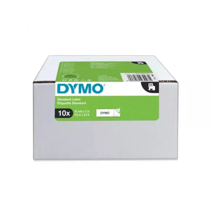 DYMO D1 lipdukai | Juodas spaudinys ant baltos juostos | 12 mm x 7 m | 10 vnt.