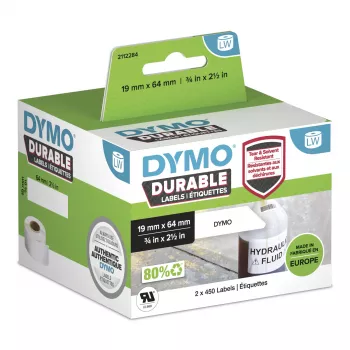 DYMO LabelWriter Patvarūs pramoniniai lipdukai | 19 mm x 64 mm | Baltas polipropilenas | 2 ritės po 450 (900 lipdukų) | Originalūs | Skirti LabelWriter etikečių spausdintuvams