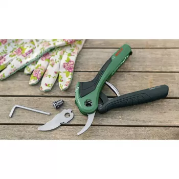 Genėjimo žirklės Bosch EasyPrune apėjimo, nerūdijančio plieno peiliukai, 2,5 cm pjovimo galia, įkraunama 5,4 Wh baterija, saugos užraktas