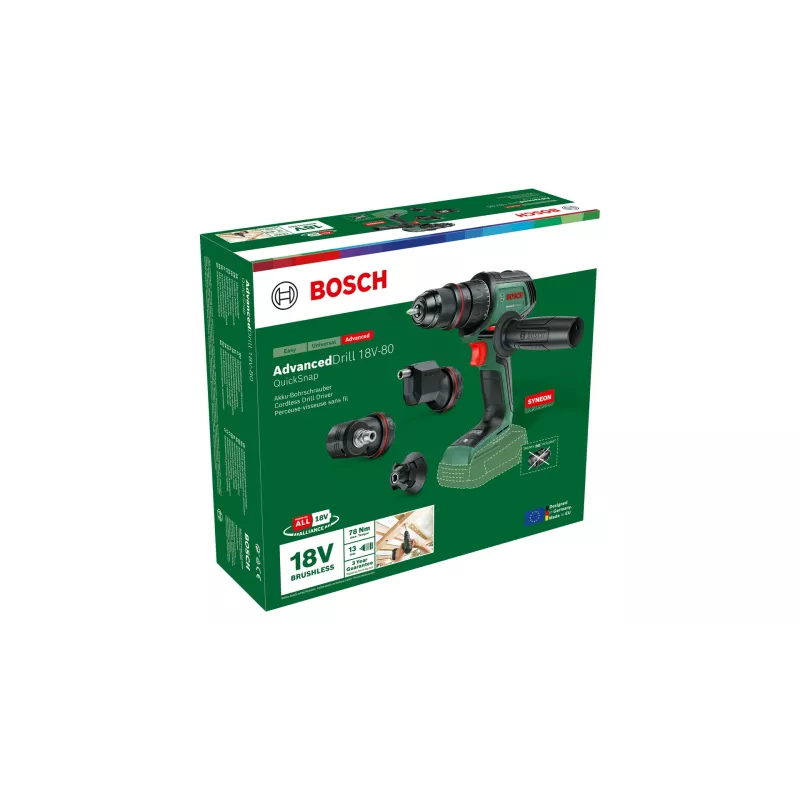 Belaidis gręžtuvas Bosch AdvancedDrill 18V-80 QuickSnap Solo — 18 V, kompaktiškas, žaliai juodas
