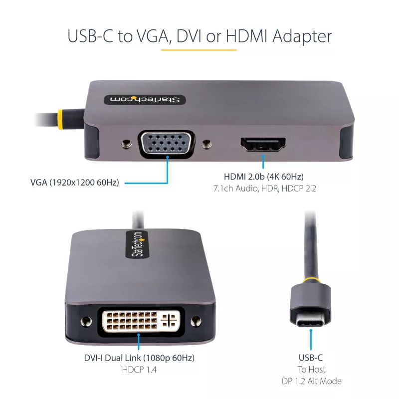 StarTech.com USB-C vaizdo adapteris, USB-C į HDMI DVI VGA, iki 4K 60Hz, aliuminis, kelių prievadų vaizdo adapteris, suderinamas su Thunderbolt 3/4, USB-C kelioninis adapteris