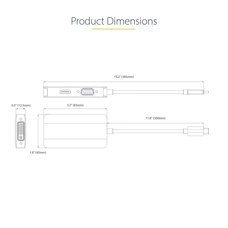 StarTech.com USB-C vaizdo adapteris, USB-C į HDMI DVI VGA, iki 4K 60Hz, aliuminis, kelių prievadų vaizdo adapteris, suderinamas su Thunderbolt 3/4, USB-C kelioninis adapteris
