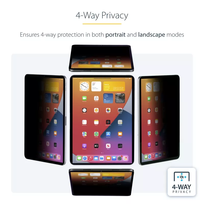 StarTech.com 4 krypčių privatumo ekranas 11 colių iPad Pro, skirtas portretinei / kraštovaizdžio orientacijai, su lietimu, +/- 30 laipsnių matymo kampas, blokuoja iki 51 % mėlynos šviesos, anti-blizgesio