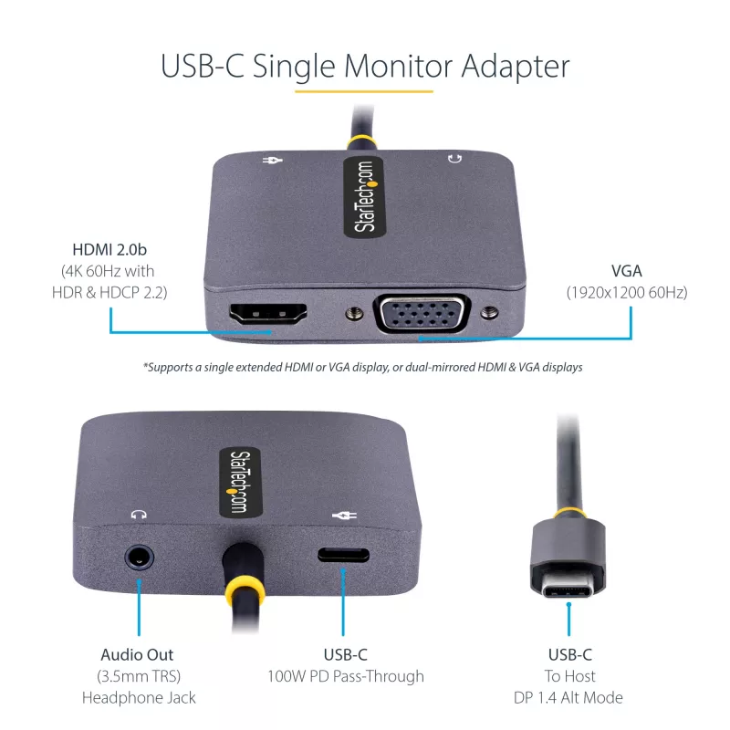 USB-C vaizdo adapteris StarTech.com, USB-C į HDMI ir VGA, 3,5 mm garsas, 4K 60Hz HDR, 100W PD perdavimas, suderinamas su Thunderbolt 3/4